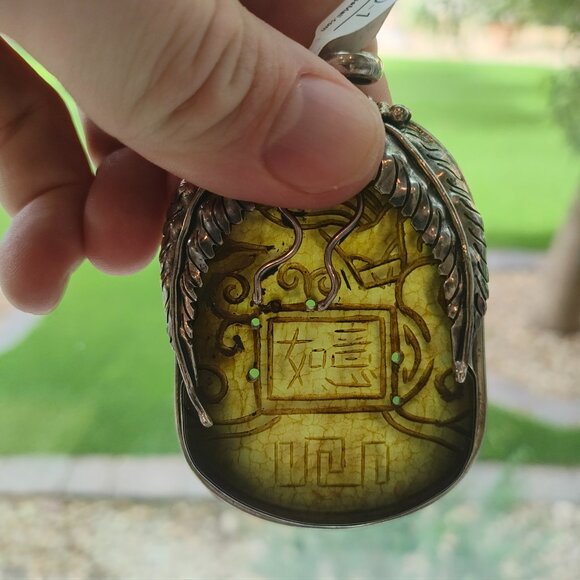 Semi Translucent Asian Carved Jade and Sterling Silver Pendant Charm 66g - Picture 2 of 8